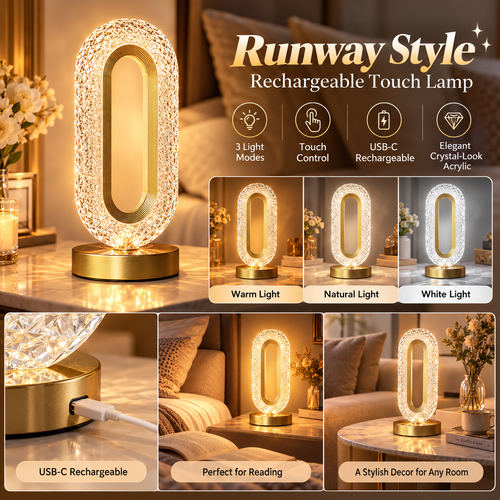 Rechargeable Touch Bedside Lamp – 3 Color LED Night Light