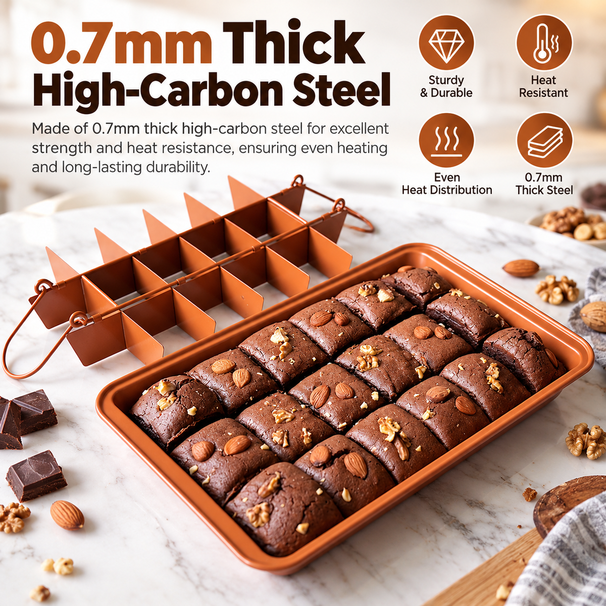 18-Section Brownie Pan with Removable Divider & Bottom – Nonstick Carbon Steel Baking Tray