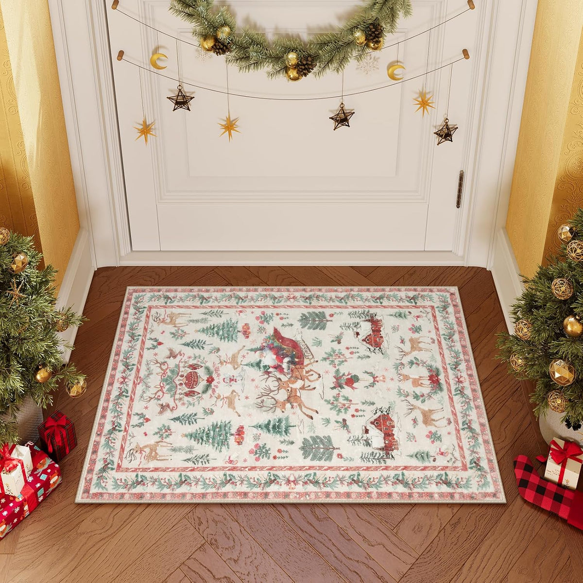 🎄 Vintage Christmas Deer & Santa Long Runner Rug