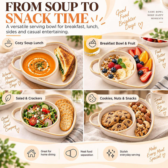 🥣 Handmade Ceramic 2-in-1 Cereal & Dip Bowl Set – Keep Crunchy & Creamy Separate