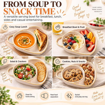 🥣 Handmade Ceramic 2-in-1 Cereal & Dip Bowl Set – Keep Crunchy & Creamy Separate