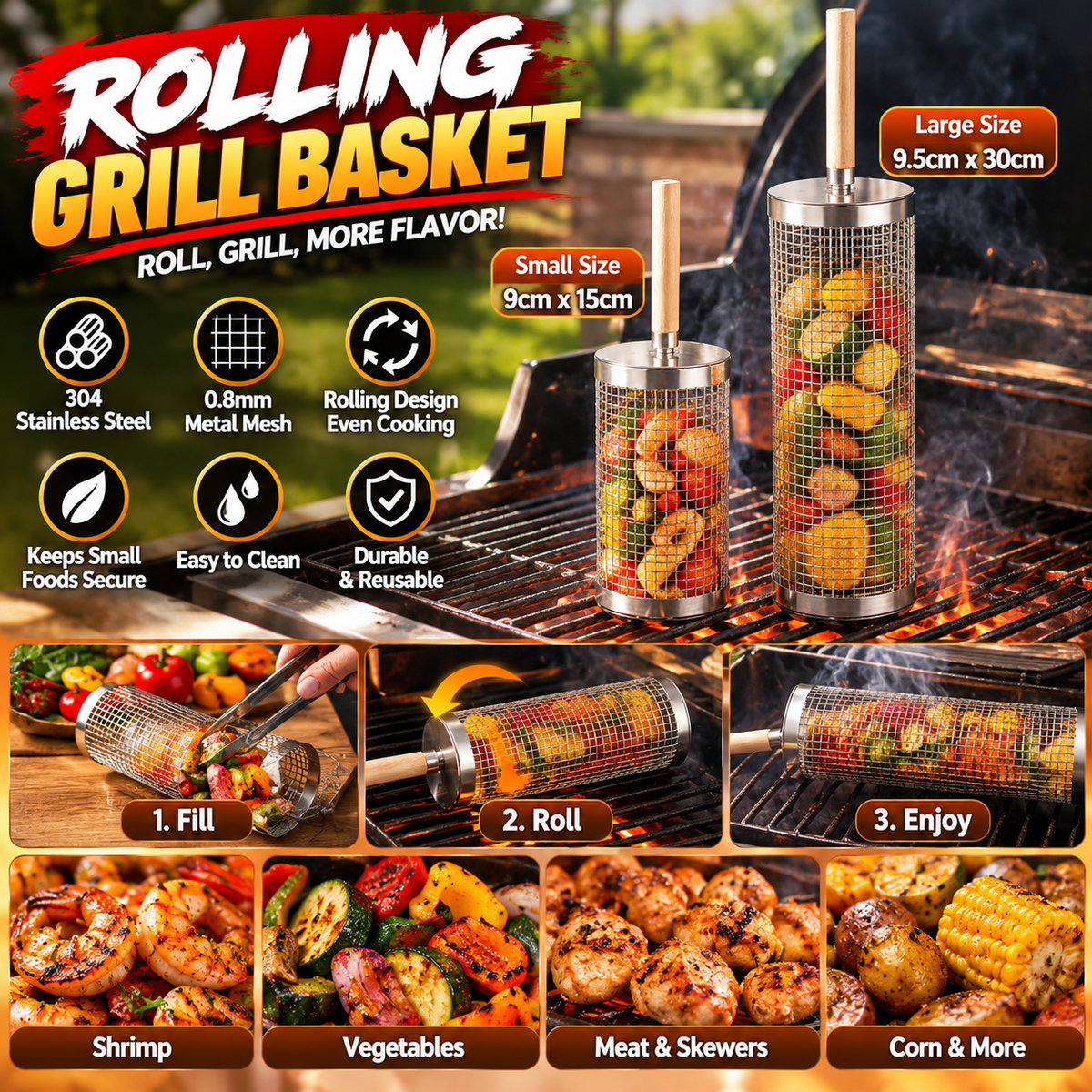 304 Stainless Steel Rolling Grill Basket with Heat Resistant Handle – BBQ Basket for Vegetables, Shrimp & Small Foods