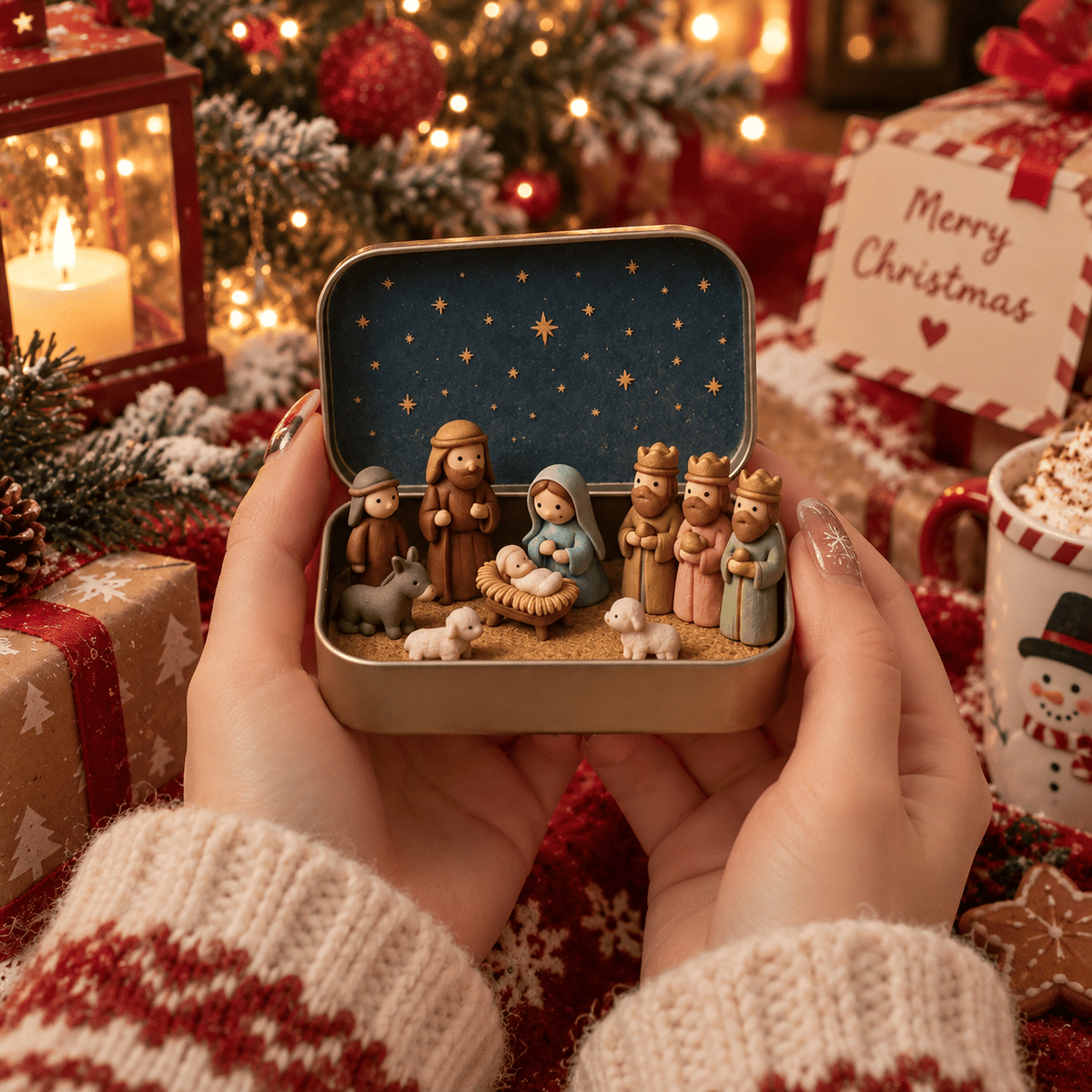 Pocket-Size Mini Nativity Scene Set with Storage Box