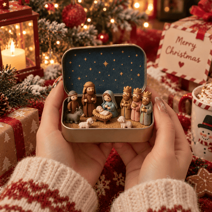 Pocket-Size Mini Nativity Scene Set with Storage Box