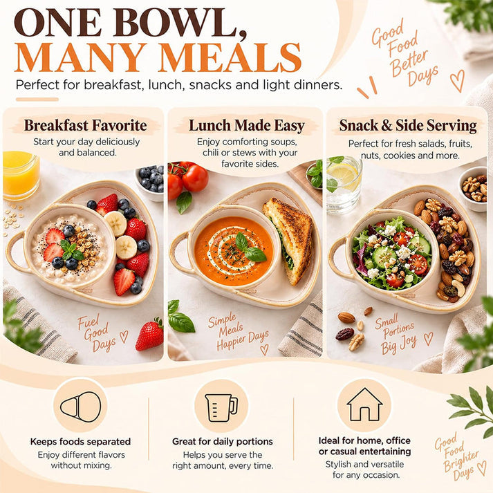 🥣 Handmade Ceramic 2-in-1 Cereal & Dip Bowl Set – Keep Crunchy & Creamy Separate