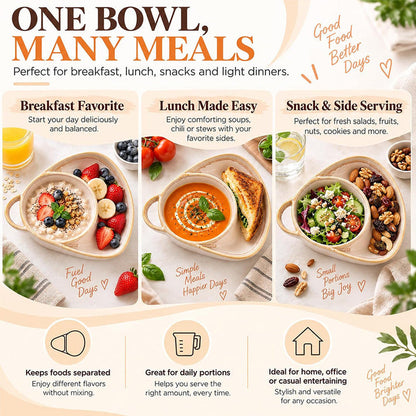 🥣 Handmade Ceramic 2-in-1 Cereal & Dip Bowl Set – Keep Crunchy & Creamy Separate