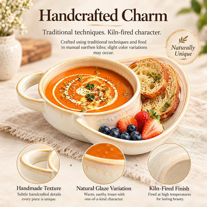 🥣 Handmade Ceramic 2-in-1 Cereal & Dip Bowl Set – Keep Crunchy & Creamy Separate