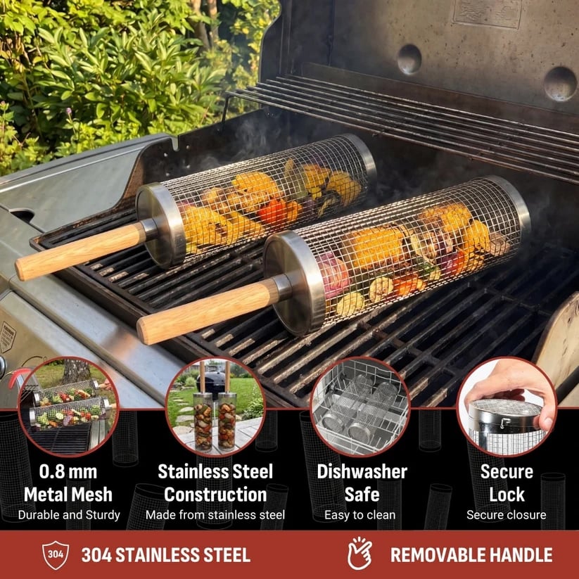 304 Stainless Steel Rolling Grill Basket with Heat Resistant Handle – BBQ Basket for Vegetables, Shrimp & Small Foods