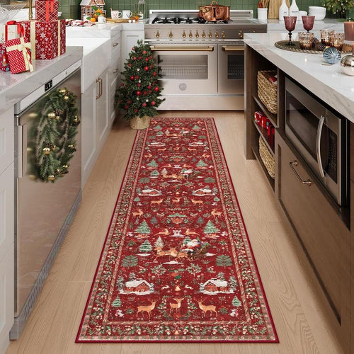 🎄 Vintage Christmas Deer & Santa Long Runner Rug