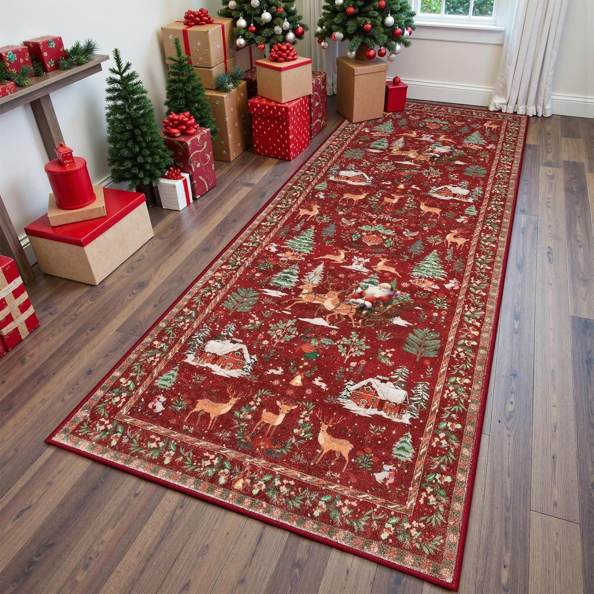 🎄 Vintage Christmas Deer & Santa Long Runner Rug