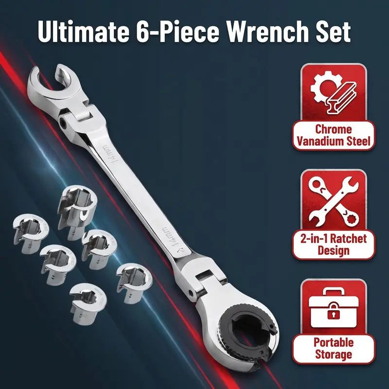 7-in-1 Ratcheting Flare Nut Wrench Set – 180° Flex Head, 8–14mm Metric Line Wrench Kit