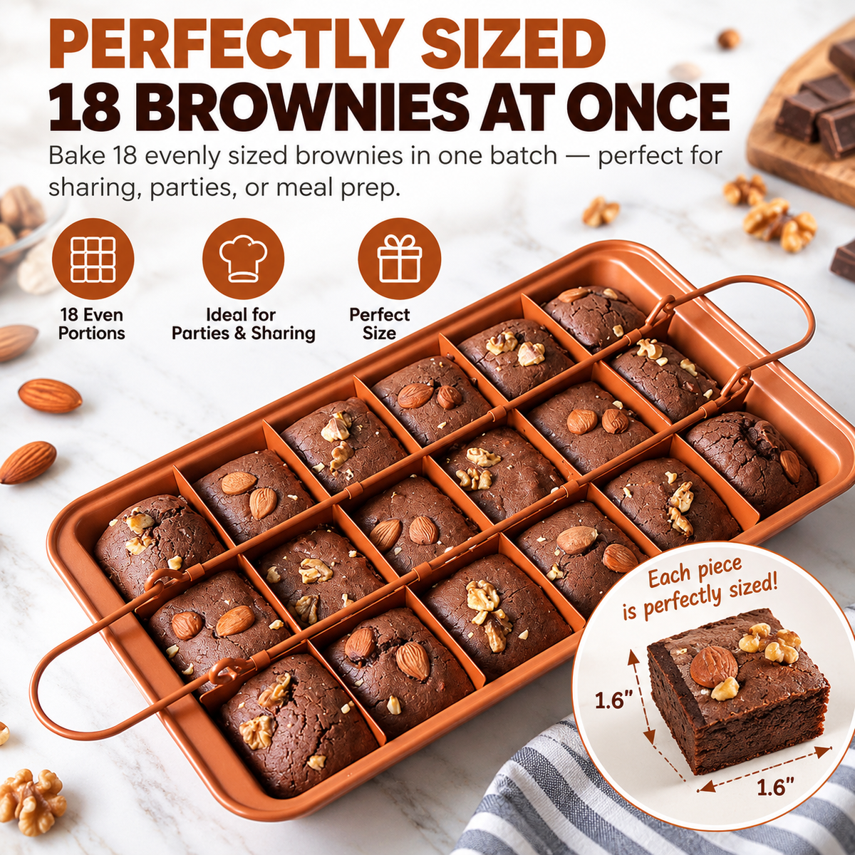 18-Section Brownie Pan with Removable Divider & Bottom – Nonstick Carbon Steel Baking Tray