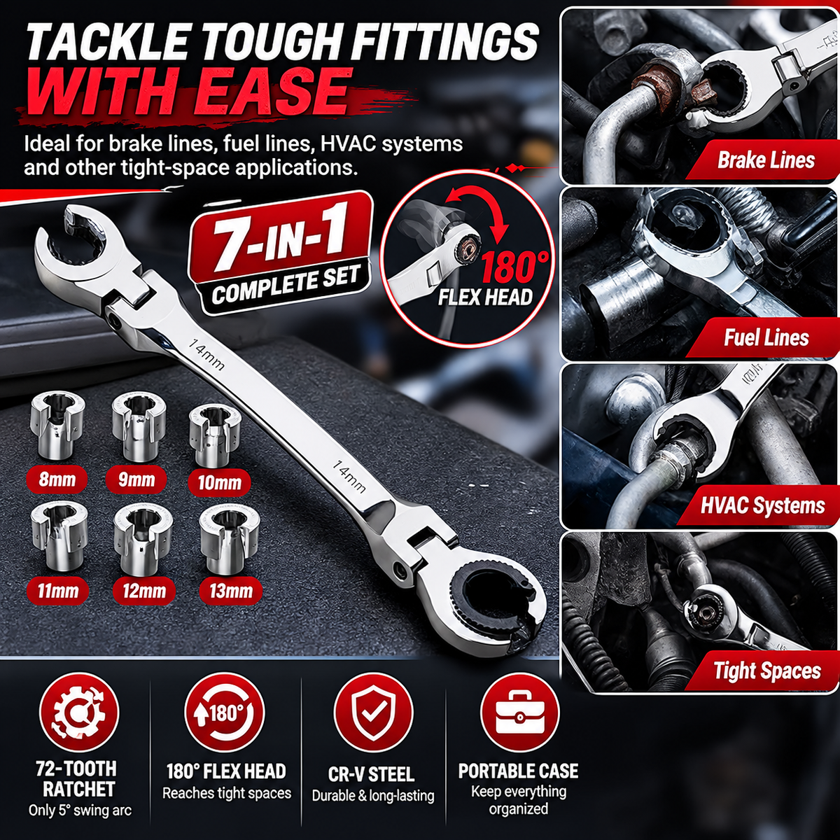 7-in-1 Ratcheting Flare Nut Wrench Set – 180° Flex Head, 8–14mm Metric Line Wrench Kit