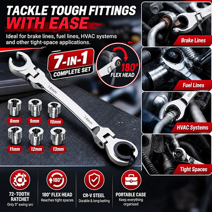 7-in-1 Ratcheting Flare Nut Wrench Set – 180° Flex Head, 8–14mm Metric Line Wrench Kit