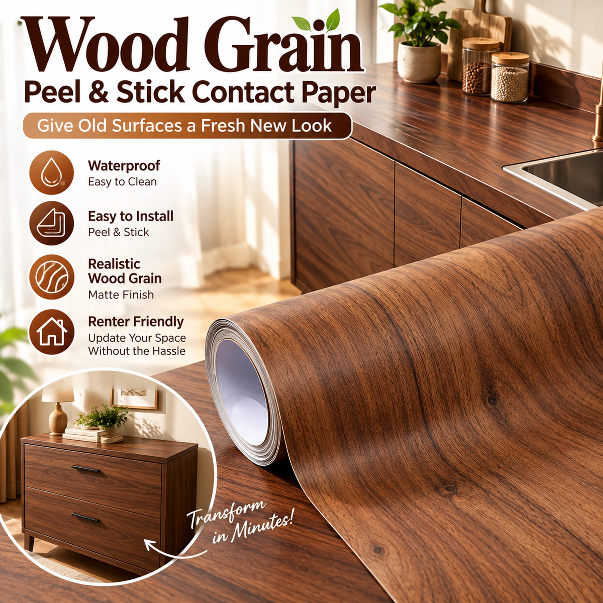Realistic Wood Grain Peel & Stick Contact Paper – Waterproof Furniture & Countertop Vinyl Wrap