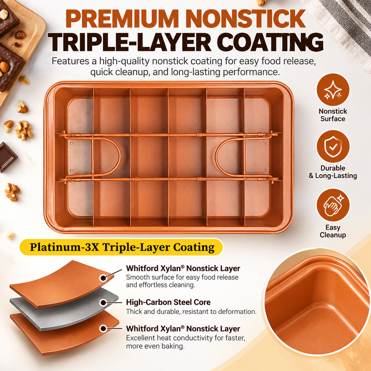 18-Section Brownie Pan with Removable Divider & Bottom – Nonstick Carbon Steel Baking Tray