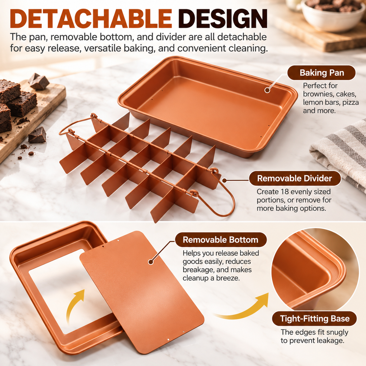 18-Section Brownie Pan with Removable Divider & Bottom – Nonstick Carbon Steel Baking Tray