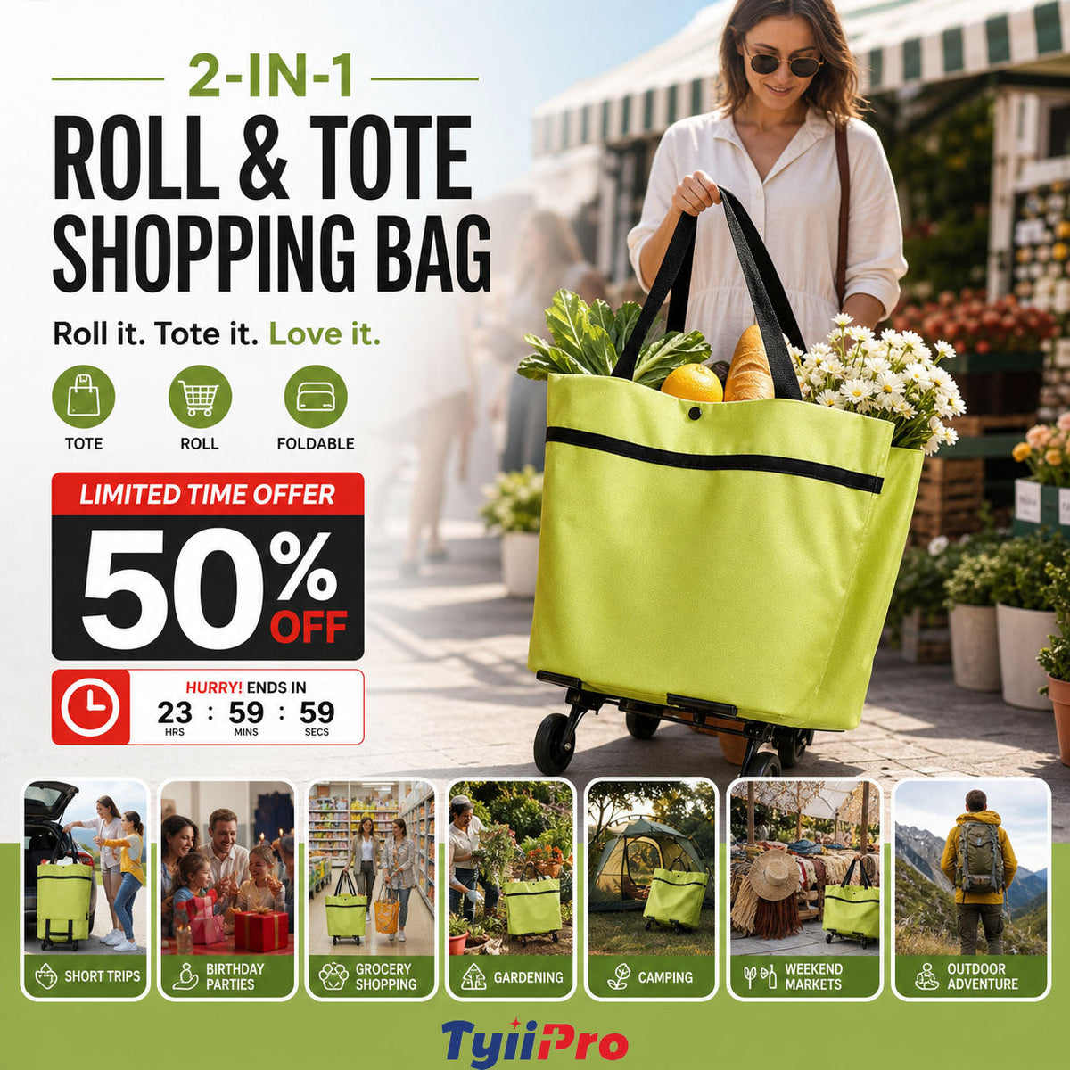 🔥HOT SALE 50% OFF🔥2-in-1 Foldable Shopping Cart Bag with Wheels – Reusable Rolling Grocery Tote