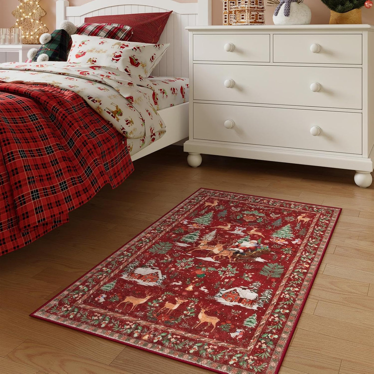 🎄 Vintage Christmas Deer & Santa Long Runner Rug