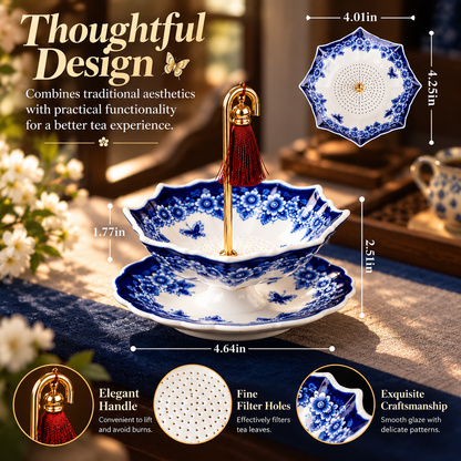 Blue & White Porcelain Umbrella Tea Infuser – Elegant Ceramic Tea Strainer with Decorative Saucer