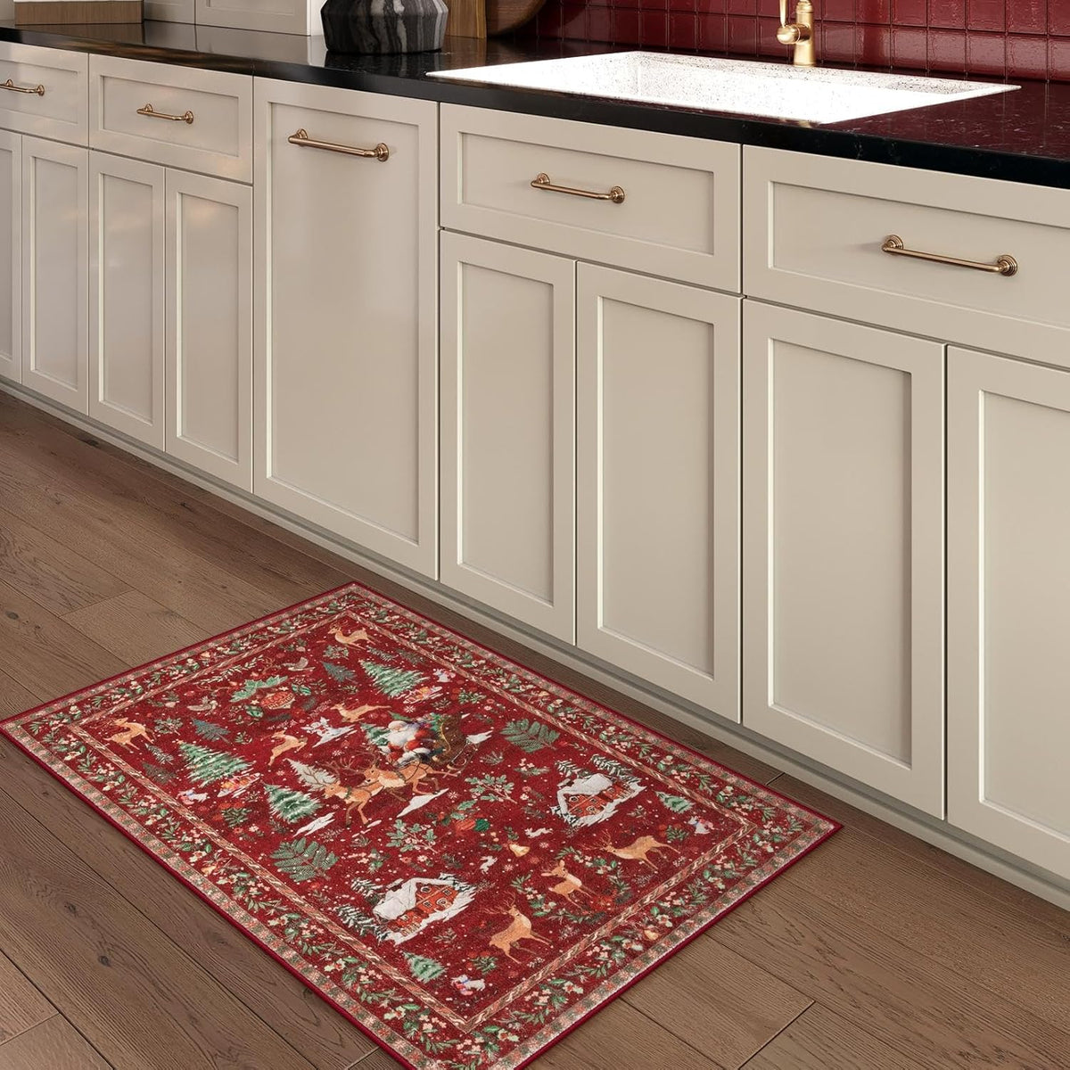 🎄 Vintage Christmas Deer & Santa Long Runner Rug
