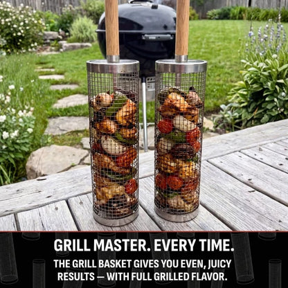304 Stainless Steel Rolling Grill Basket with Heat Resistant Handle – BBQ Basket for Vegetables, Shrimp & Small Foods