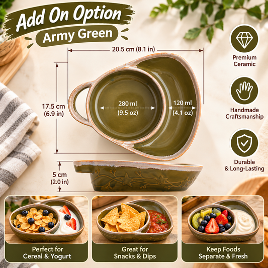 🥣 Handmade Ceramic 2-in-1 Cereal & Dip Bowl Set – Keep Crunchy & Creamy Separate
