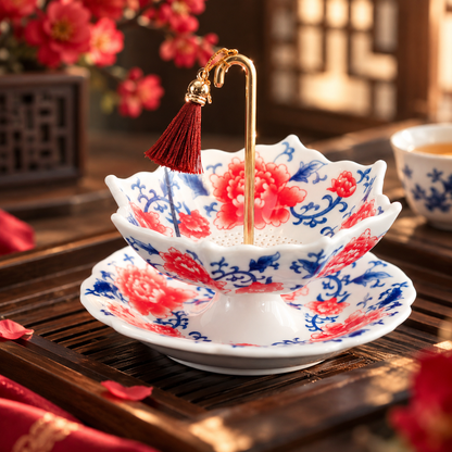 Blue & White Porcelain Umbrella Tea Infuser – Elegant Ceramic Tea Strainer with Decorative Saucer