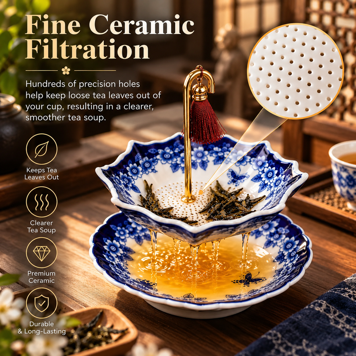 Blue & White Porcelain Umbrella Tea Infuser – Elegant Ceramic Tea Strainer with Decorative Saucer