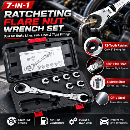 7-in-1 Ratcheting Flare Nut Wrench Set – 180° Flex Head, 8–14mm Metric Line Wrench Kit