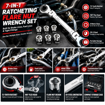 7-in-1 Ratcheting Flare Nut Wrench Set – 180° Flex Head, 8–14mm Metric Line Wrench Kit