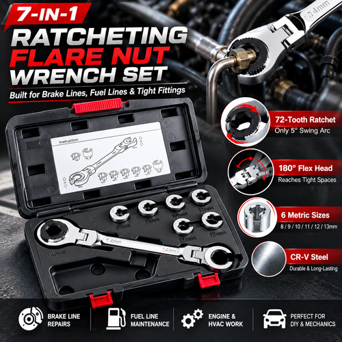 7-in-1 Ratcheting Flare Nut Wrench Set – 180° Flex Head, 8–14mm Metric Line Wrench Kit