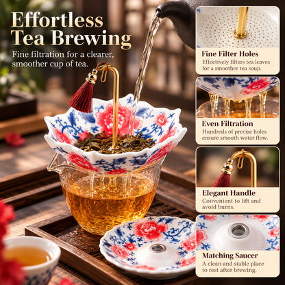Blue & White Porcelain Umbrella Tea Infuser – Elegant Ceramic Tea Strainer with Decorative Saucer