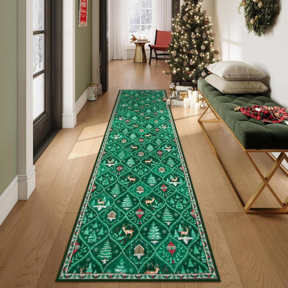 🎄 Vintage Christmas Deer & Santa Long Runner Rug