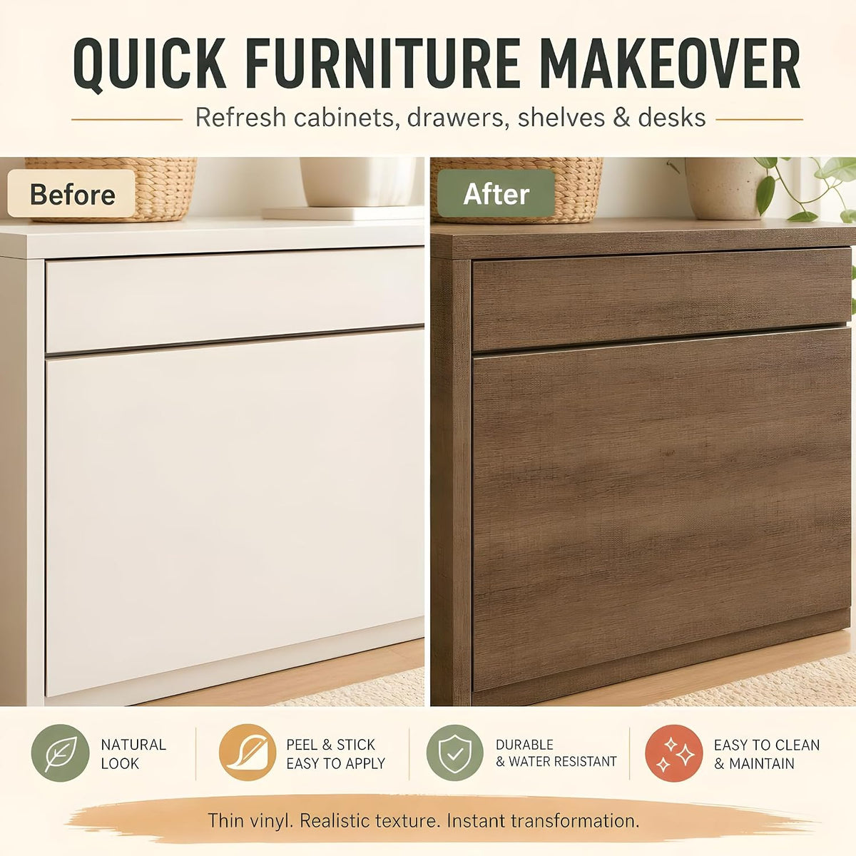 Realistic Wood Grain Peel & Stick Contact Paper – Waterproof Furniture & Countertop Vinyl Wrap