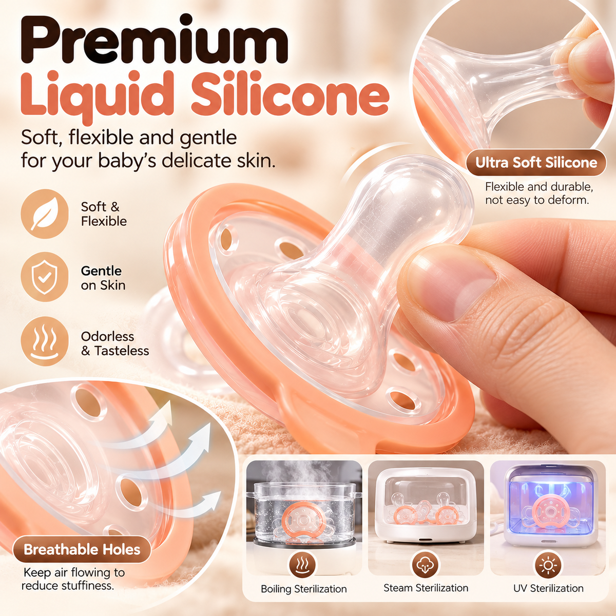 🍼 Breast-Like Silicone Baby Pacifier – Soft, Flexible Soothing Design for Breastfed Babies