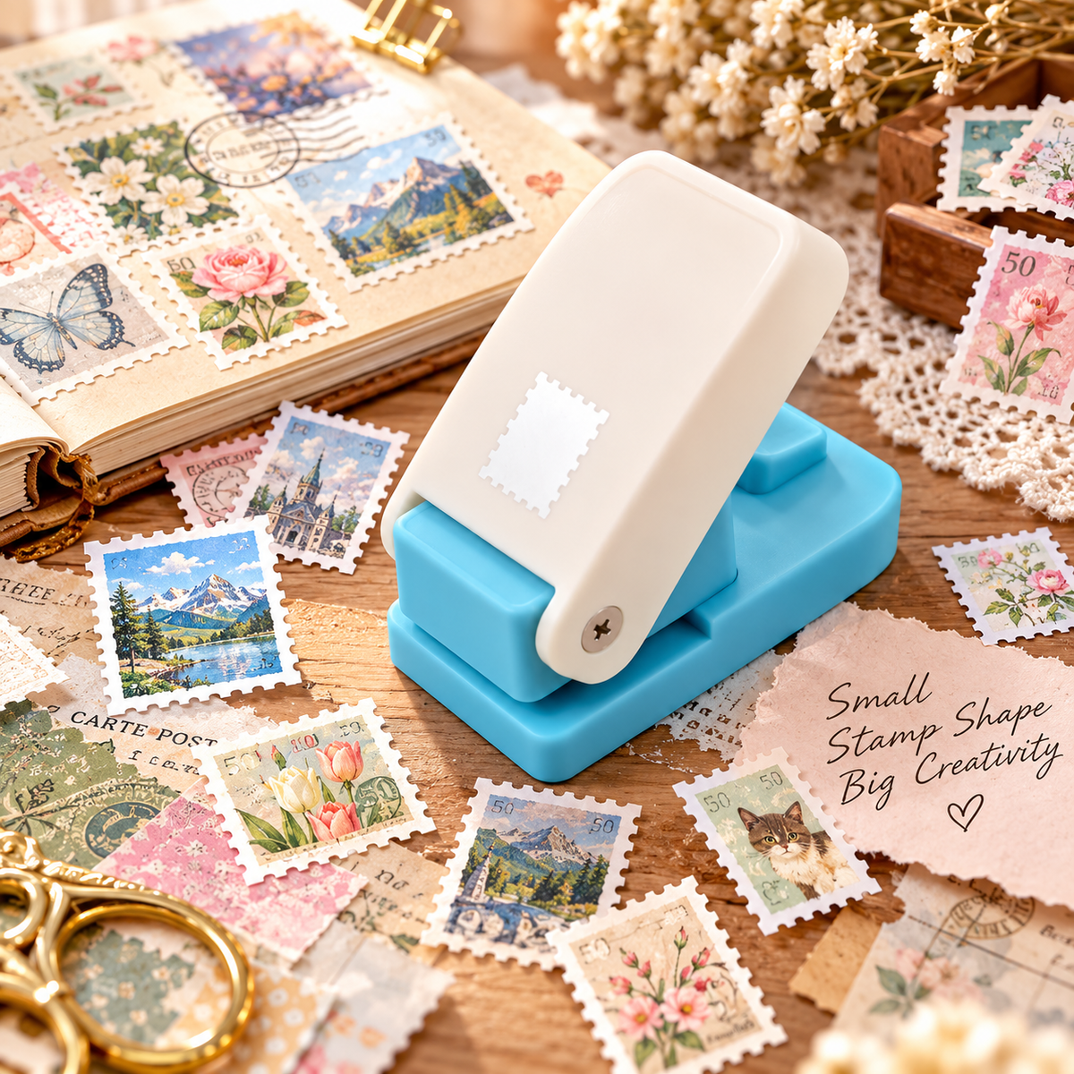 Mini Stamp Paper Punch – Postage Stamp Edge Craft Cutter for Scrapbooking & DIY