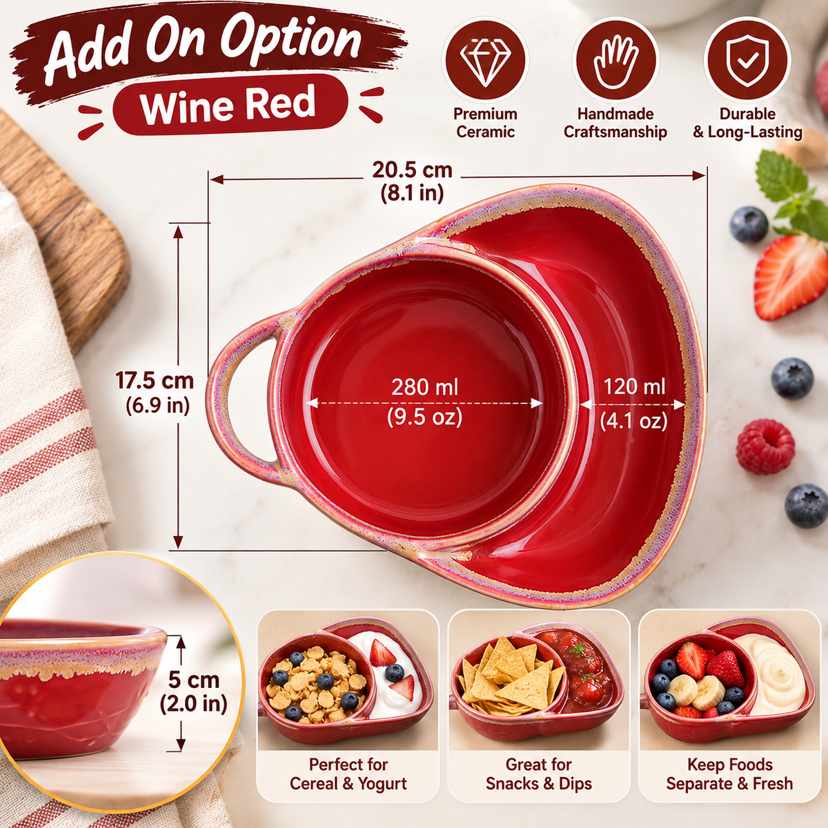 🥣 Handmade Ceramic 2-in-1 Cereal & Dip Bowl Set – Keep Crunchy & Creamy Separate