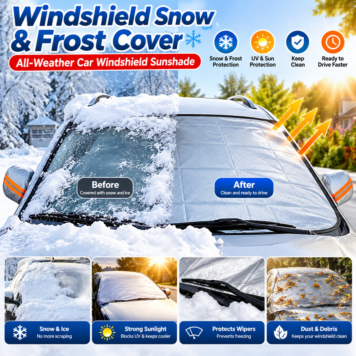 Windshield Snow & Frost Cover – All-Weather Car Windshield Sunshade