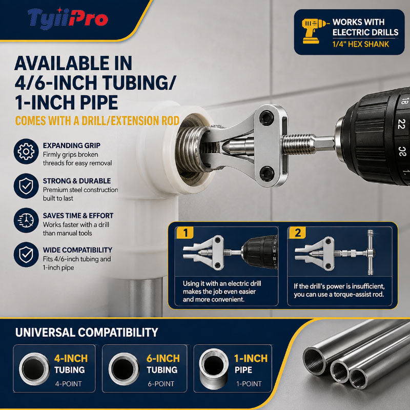 Drill-Powered Broken Pipe Thread Extractor – Universal 1/2", 3/4" & 1" Broken Pipe Nipple Remover Tool