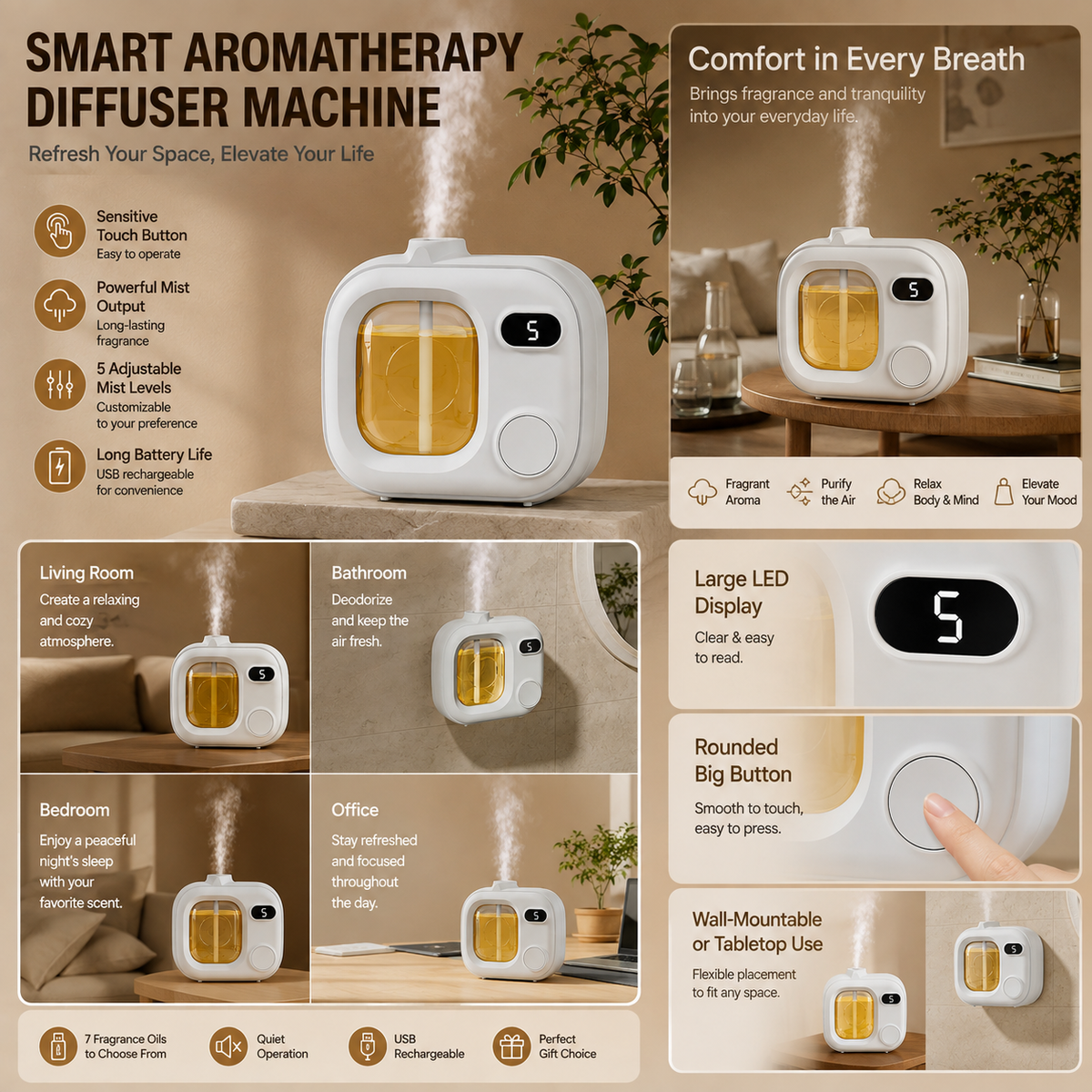 Smart LED Aroma Diffuser with Mist Control