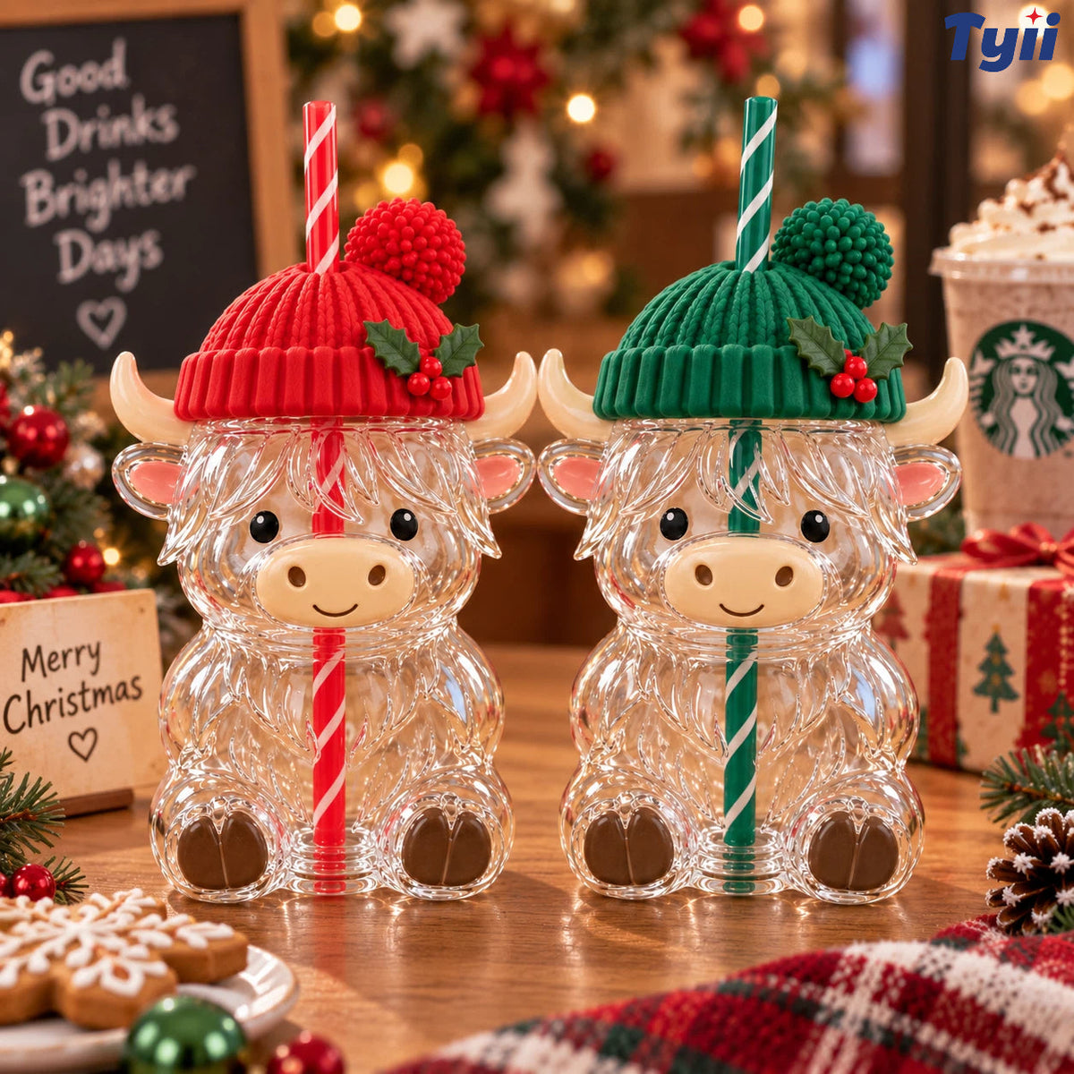 Highland Cow Christmas Glass Cup with Straw – Cute Holiday Tumbler Gift