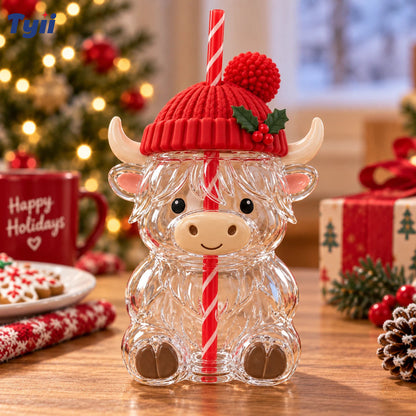 Highland Cow Christmas Glass Cup with Straw – Cute Holiday Tumbler Gift