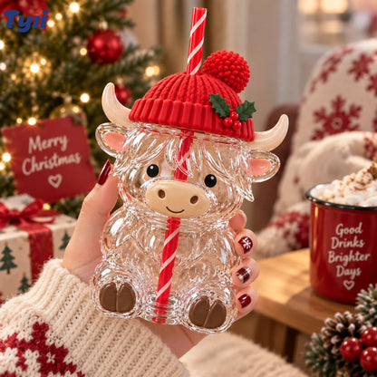 Highland Cow Christmas Glass Cup with Straw – Cute Holiday Tumbler Gift