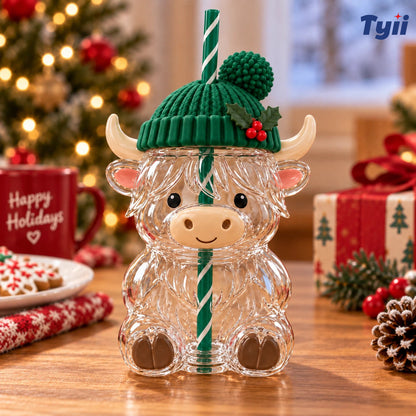 Highland Cow Christmas Glass Cup with Straw – Cute Holiday Tumbler Gift