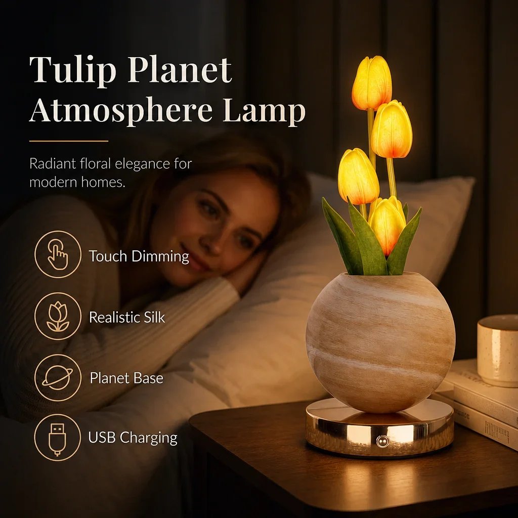 Tulip Planet LED Mood Lamp – Touch Control Bedside Light with Realistic Tulips