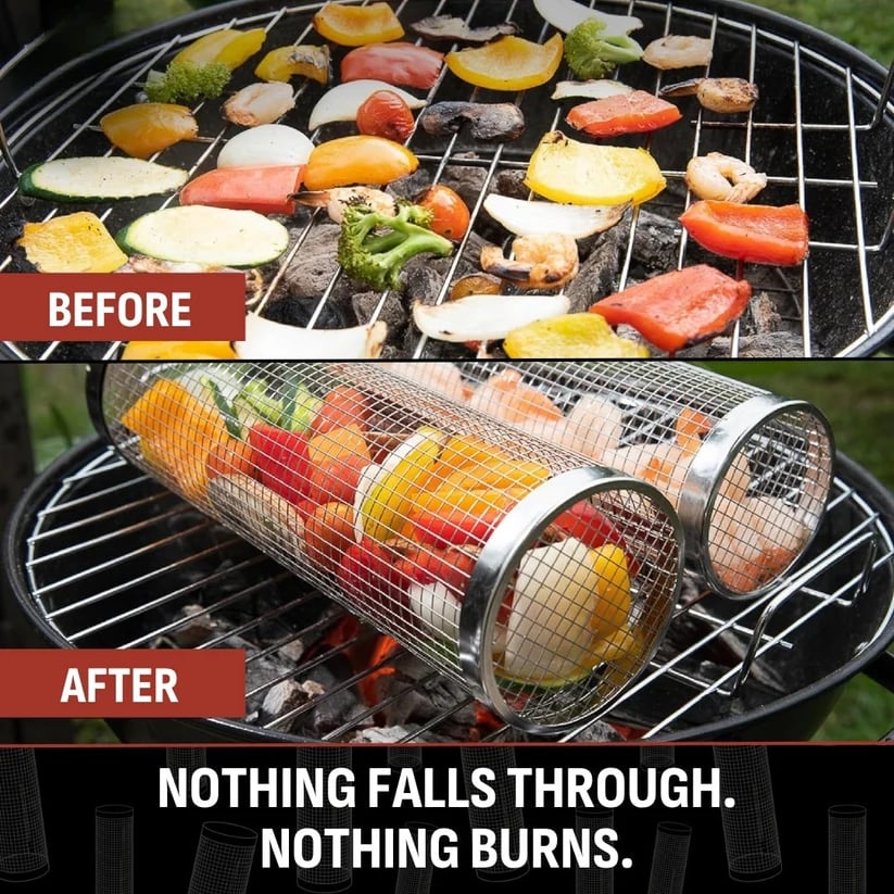 304 Stainless Steel Rolling Grill Basket with Heat Resistant Handle – BBQ Basket for Vegetables, Shrimp & Small Foods