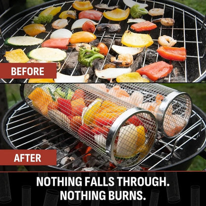 304 Stainless Steel Rolling Grill Basket with Heat Resistant Handle – BBQ Basket for Vegetables, Shrimp & Small Foods