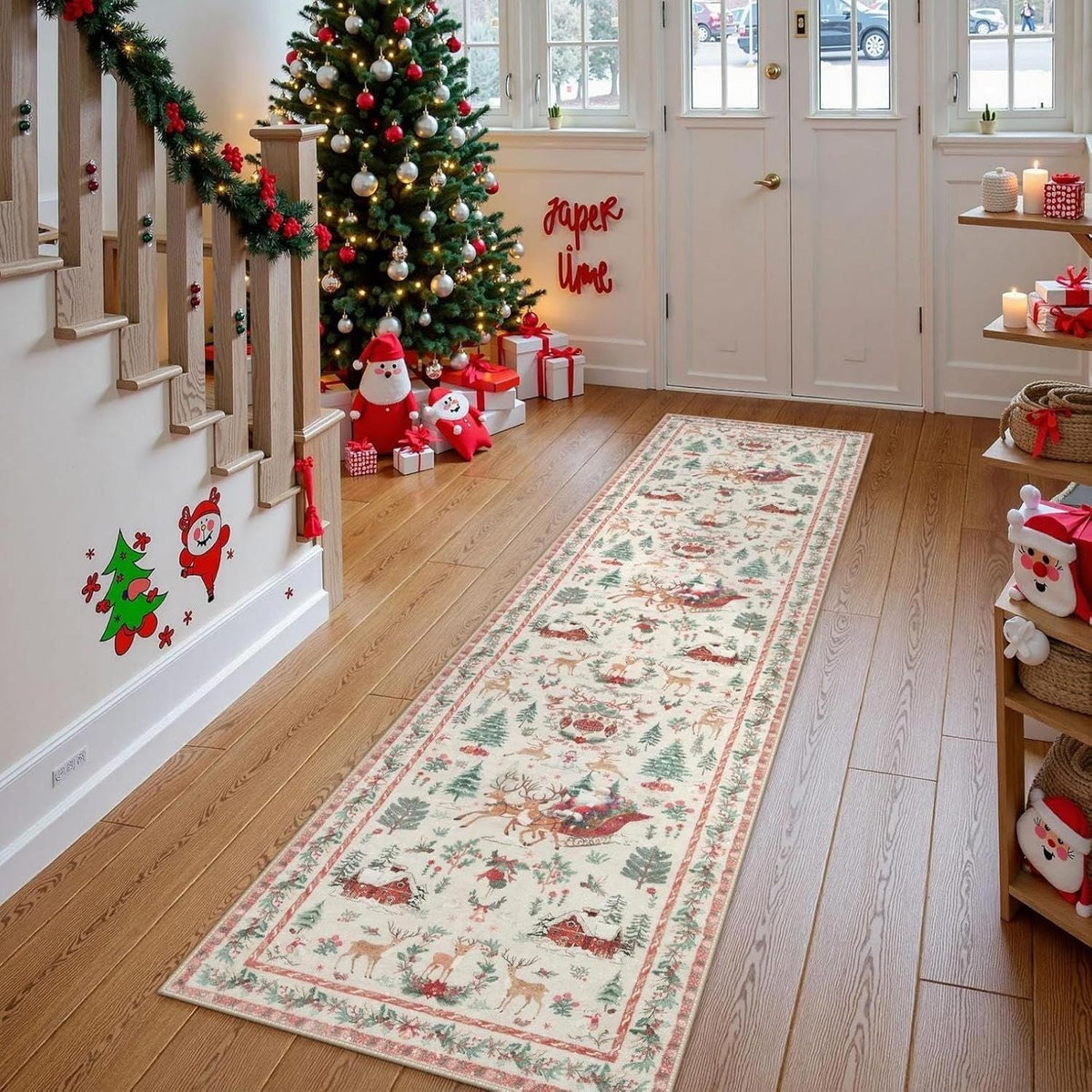 🎄 Vintage Christmas Deer & Santa Long Runner Rug