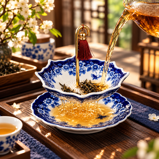 Blue & White Porcelain Umbrella Tea Infuser – Elegant Ceramic Tea Strainer with Decorative Saucer